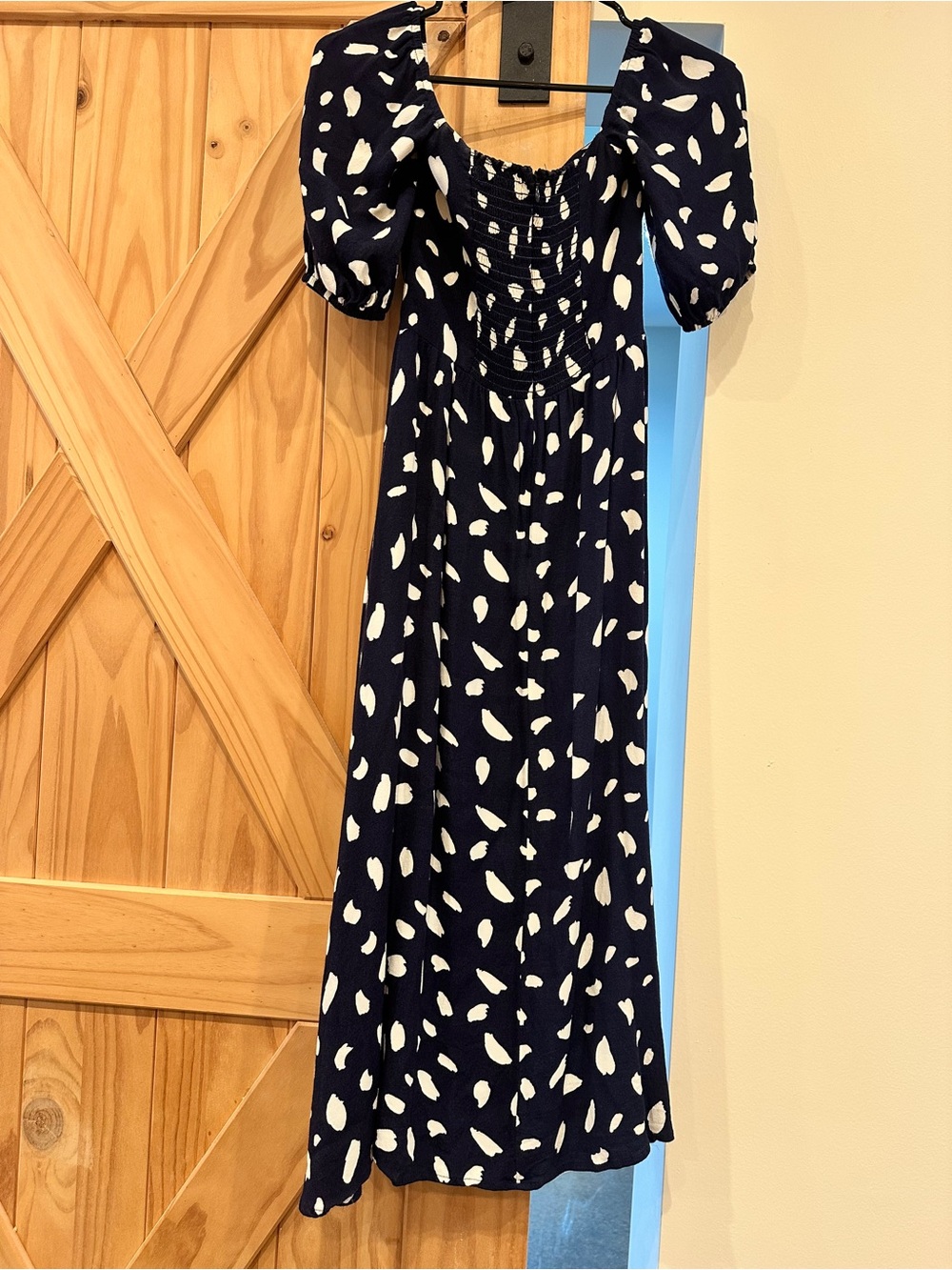 Reformation Zippy Dress Navy White Abstract Print Puff Sleeve Midi Dress Size 4P - Picture 10 of 16